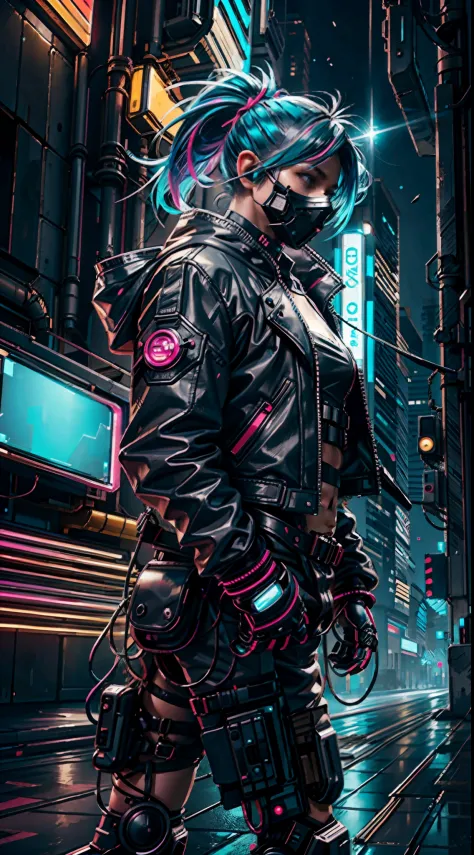 cyberpunkai, neon, 1boy, elf, neon hair, neon eyes, ponytail hairstyle, black leather jacket,sniper rifle, hood up, sneaking, ma...