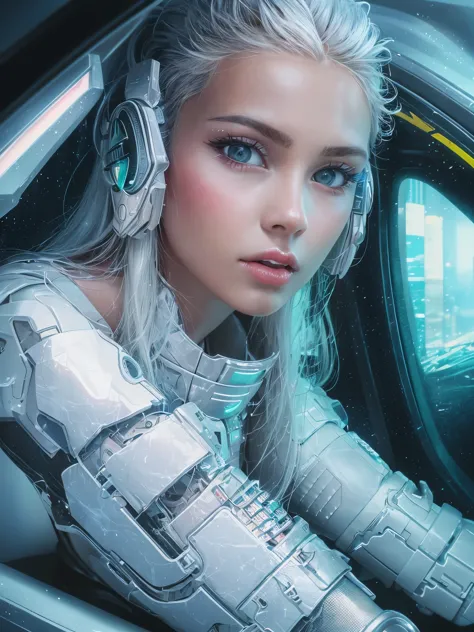 close-up of a woman sitting in a futuristic car, futuristic style, beautiful white girl cyborg, retro futuristic female android,...