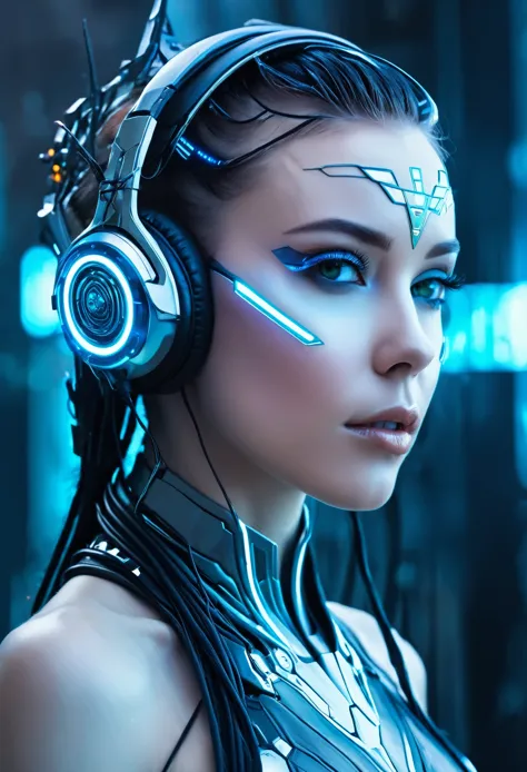 close-up of a woman wearing headphones in a futuristic setting, cyberpunk robot elf queen, portrait of a beautiful sci-fi girl, ...