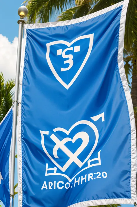 a blue flag with light blue and the logo of the sacred hearts school 3710