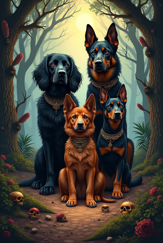 a picture of 1 medium sized male black cocker spaniel, 1 female german shepherd brown with black, 1 small brown cocker spaniel, ...