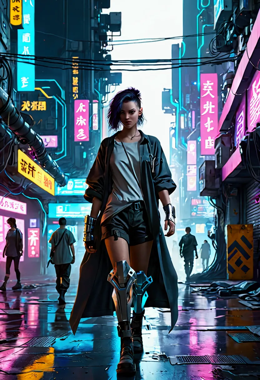 girl walking in cyberpunk city with oversized shirt with metal arm