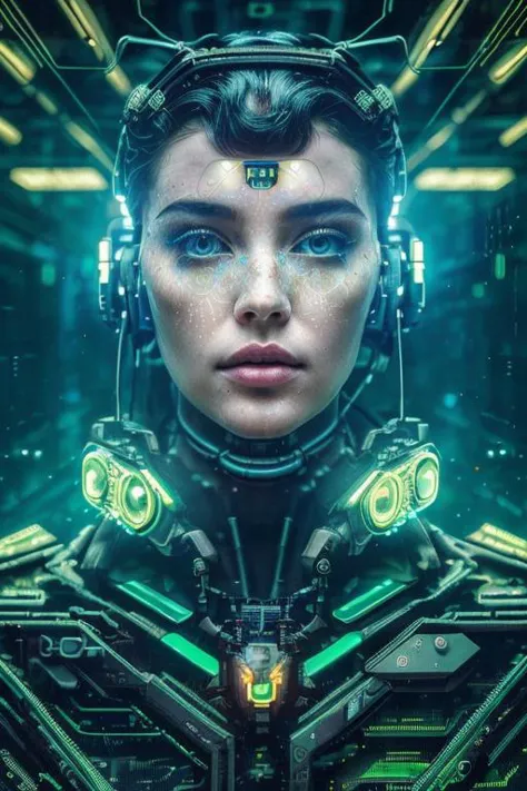 a woman in futuristic clothing with glowing eyes and headphones