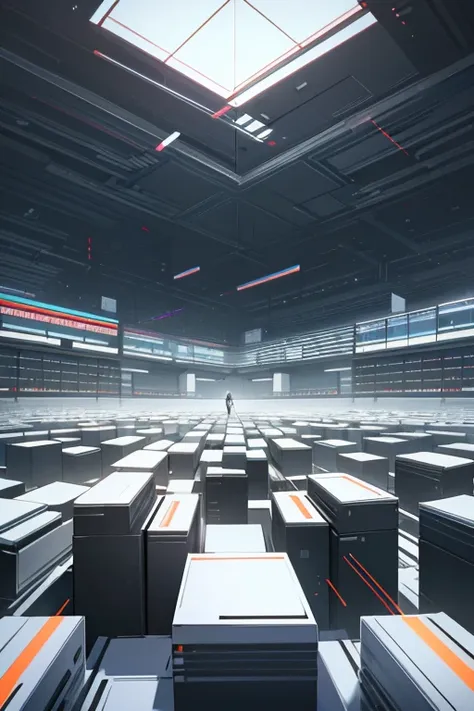 a room filled with lots of black and white boxes, digital art, inspired by ryoji ikeda, shutterstock, artem demura beeple, symme...