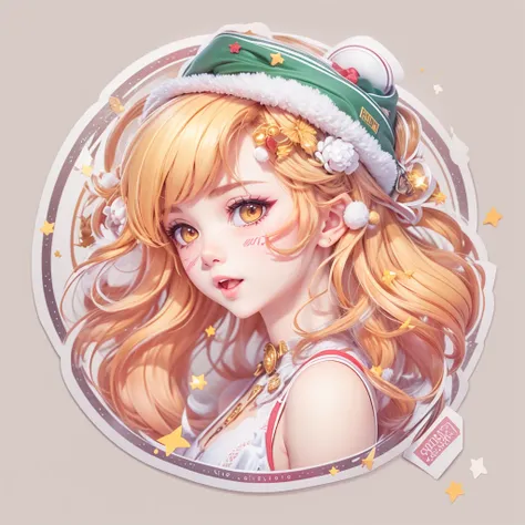 (a sticker,),(3d anime christmas girl),bright colored hair,slim, ellegance, there is also a touch of mystery.(in circles), (whit...