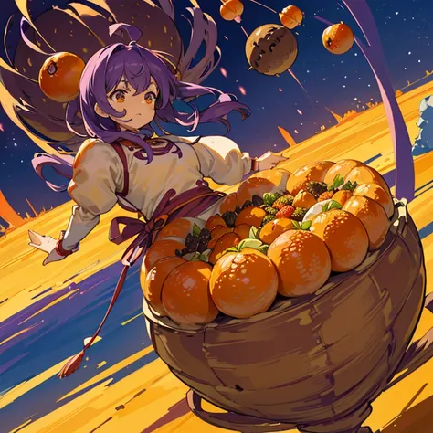 flying potato armor girl covered in boiling large strawberry cake armor serving a large purple potato jam、amazing dynamism、amazi...