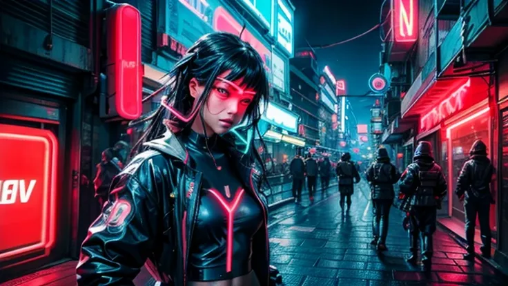 (4girls), cyberpunk, (1samurai), (2netrunners), (1streetkid), (neon blue 1:1), best quality, (neon red 1:2), higher detail, mast...