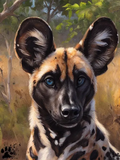 solo, african wild dog, male, beautiful eyes, perfect eyes, symmetrical eyes, detailed background, realistic, photorealistic, ul...