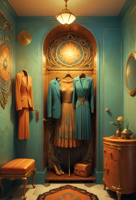 art deco, cloakroom, various styles of clothes, by rhads, octane render, fantasy art, whimsical, intricate, (best quality, maste...