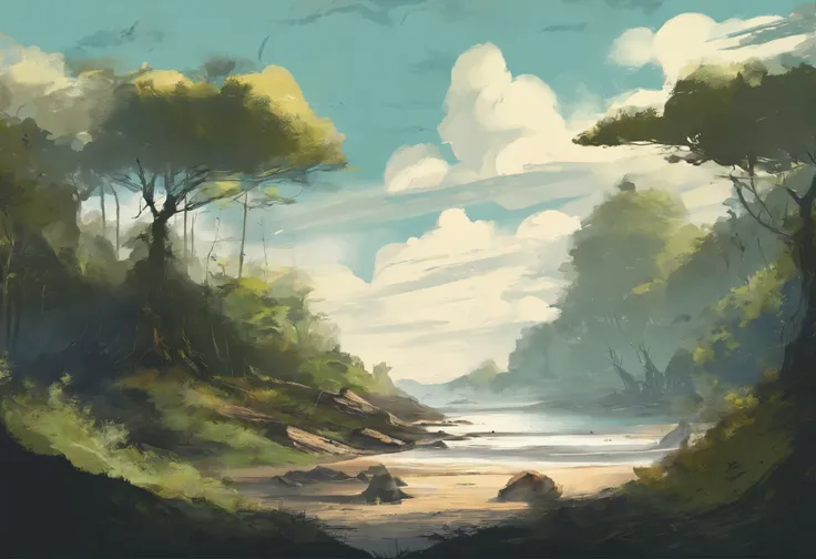 beach, forest, midday, masterpiece, digital art, clouds