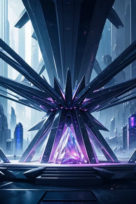 a complex crystal structure in a futuristic city