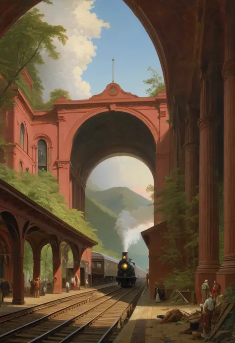 train station by frederic edwin church, best quality, masterpiece, representative work, official art, professional, ultra intric...