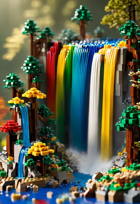 colorful miniature waterfall from a lego. detailed, raytracing , miniature, there is a text say "waterfall"