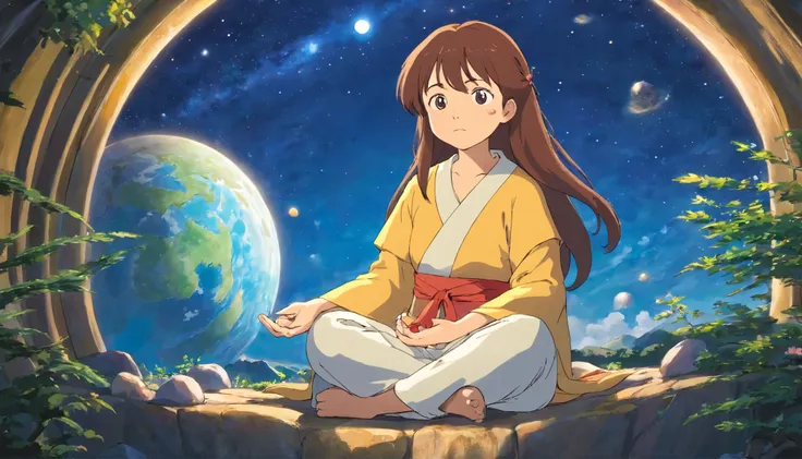 universeを眺めながら、nightにカスでmeditationする女の子、universeを感じている女の子、gold coinが降ってくる、gold coin、universe、starry sky、night、meditation、meditat...