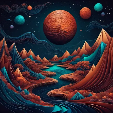 (best quality, highres, ultra sharp), magical alien landscape, mars, about the curvature of space time, origami sea, zentangle l...