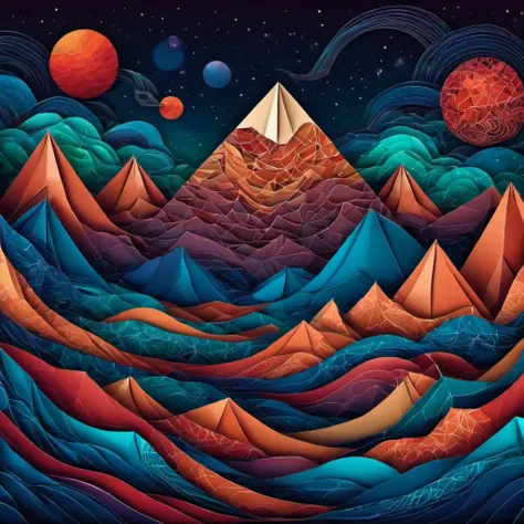 (best quality, highres, ultra sharp), magical alien landscape, mars, about the curvature of space time, origami mountains, zenta...