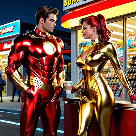 super hero landing,outside of convenience store, midnight,buying coffee,flirting with clerk,busty clerk,big digital clock clearl...