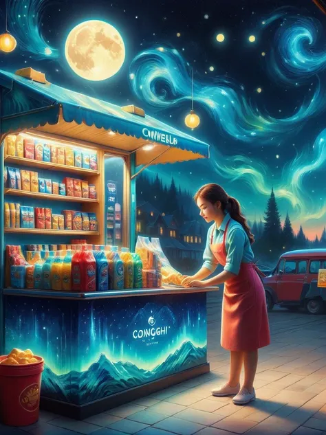 (masterpiece), best quality，(shiny)，(inside a van gogh-style midnight convenience store:1.5), a cute and cheerful midnight conve...