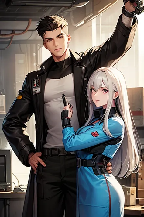 a cybernetically enhanced young man in brown duster jacket with white hair stands alongside a cheerful female mechanic with blac...