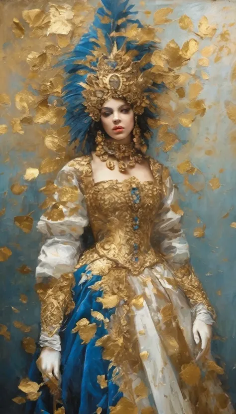 (best quality, masterpiece:1.2), (gold leaf art:1.2), oil painting on canvas, renaissance venetian carnival, portait full body, ...