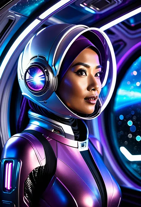 a busty woman, aged 40, from malaysia, wearing a sexy space micro bikini with a hijab covering her hair, is looking out of a win...