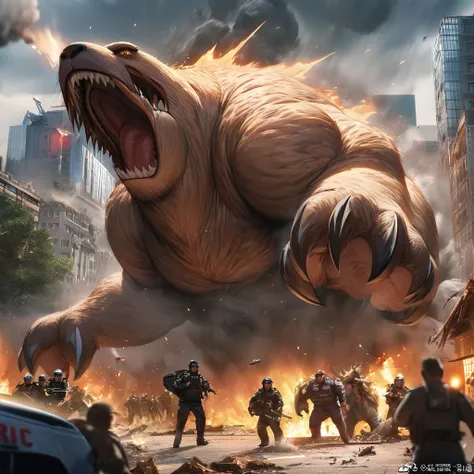 (kaiju capybara themed:1.1), beijing, cityscape, skyline, destruction, chaos, scared citizens, fleeing people, tall buildings co...