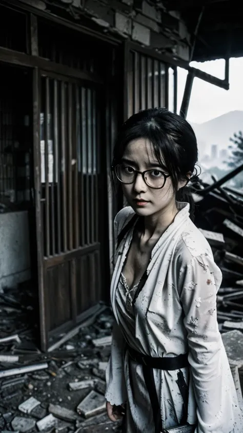 showa,collapse,devastation,inside the ruins,glasses,women,adventure,black and white,