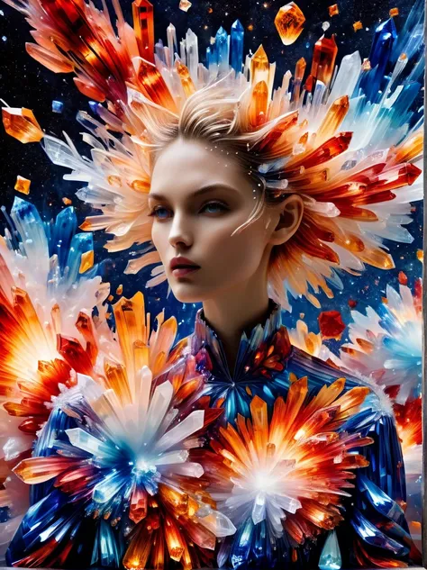 for marie claire, a model in a valentino creation, her pose commanding, amidst the depiction of a supernova explosion. asymmetri...