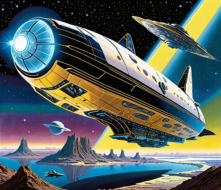 a stunningly detailed sci-fi illustration of a massive futuristic starship, in the style of todd mcfarlane, with a neon gold col...