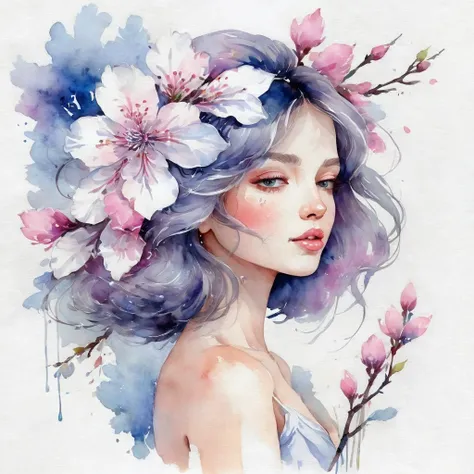 pintura de uma mulher com blossom flower white pink lilac blue no cabelo, arte detalhada em aquarela, pintura digital em aquarel...