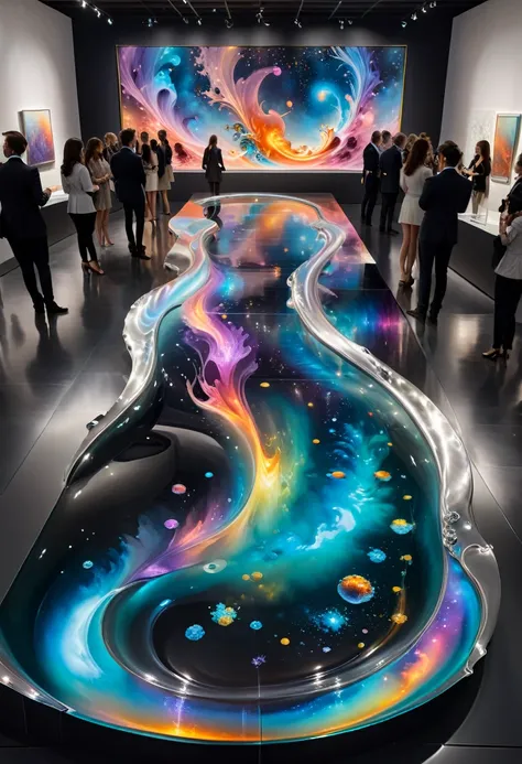 in a modern art museum, an exhibit called "flowing galaxy" attracts a lot of attention. the artist utilized the slow flow of liq...