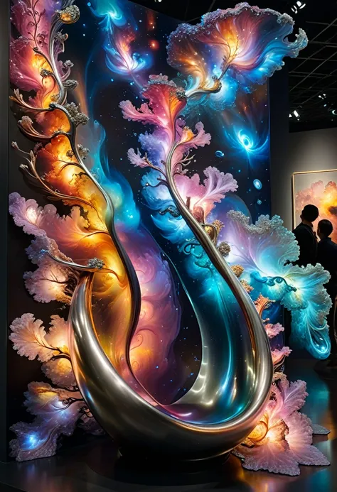 in a modern art museum, an exhibit called "flowing galaxy" attracts a lot of attention. the artist utilized the slow flow of liq...