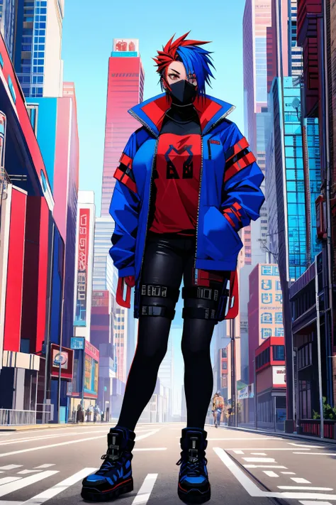 apocalyptic red and blue punk head a girl big breasts breast enlargement cyberpunk shirt jacket a man standing in a city corner ...