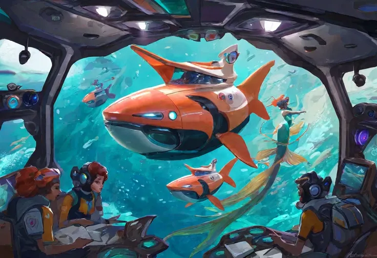 a space ship built by  mermaids, high tech panels and displays with patches of coral  and kelp. lovely merpeople crew go about t...