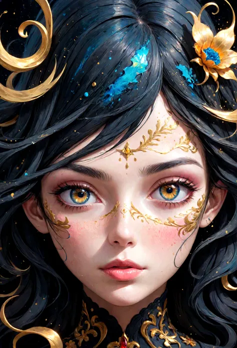 a captivating, dark fantasy portrait featuring a vibrant colorful abstract close-up of a face. the subject's eyes and lips are h...