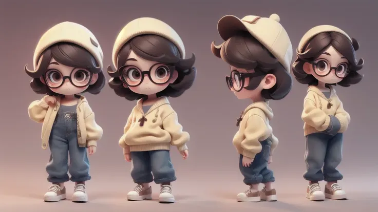 girl chibi with a cream white pullover, jean pant, dark brown eyes, glasses, short curved hair, doing some emotion. clear backgr...