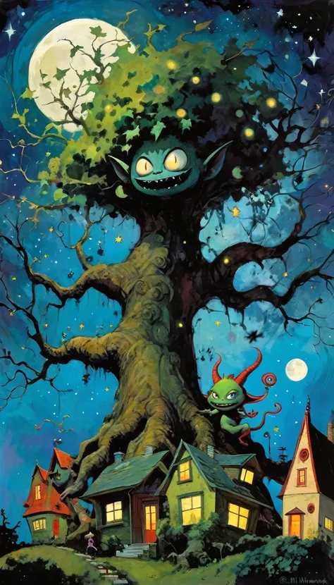 large, very leafy tree that rises to the heavens, impressive landscape, small and funny demons live in the tree, fantastic, nigh...