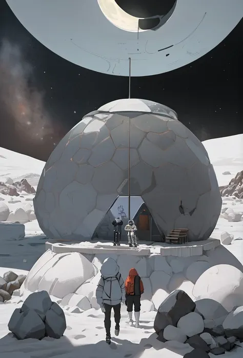 peoples on moon, igloo in background