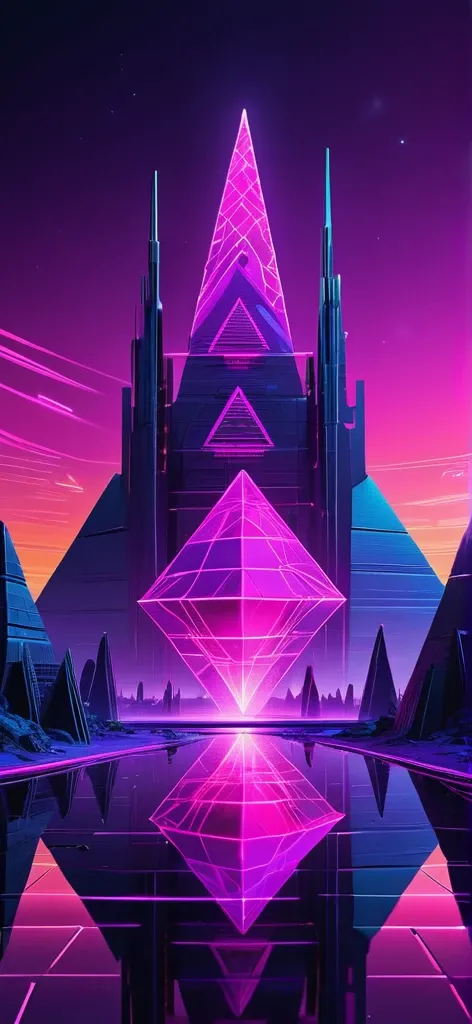 (masterpiece, high resolution, stylish, cool) “create a futuristic, neon-lit landscape with geometric structures and a reflectiv...