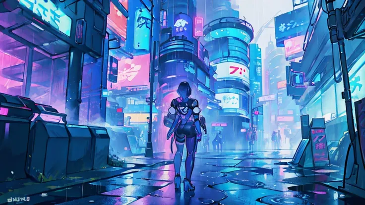 woman、back view、neon city、cyberpunk city, futuristic, heavy rain, 8k, アニメ壁紙 8k, absurd, super sharp, night, street, japan, blue ...