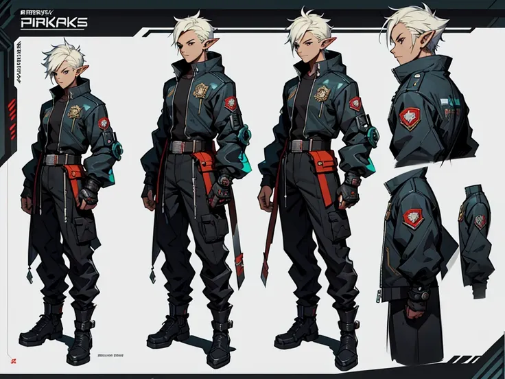 close-up of a male elf in a cyberpunk suit, biracial, short hair with chaved sides, ((character concept art)), ((character desig...