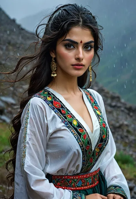 in the middle of a rainy night among the mountains there is a beautiful 23-year-old persian woman wearing a typical costume of h...