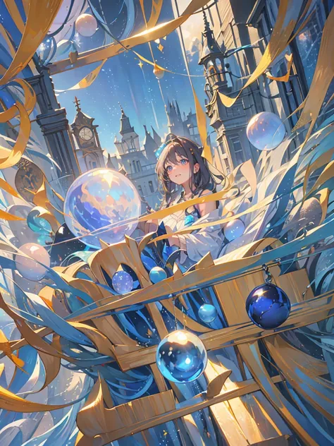 a world in dreams,fantastic townscape,  blue world, poured light, sparkling glass balls