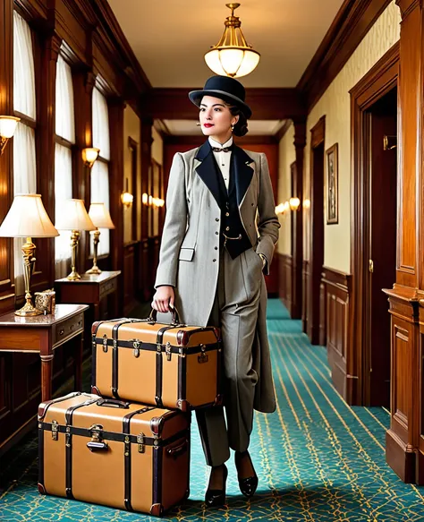 detailed 1900s styled hotel interior, rich traveler with 1900s styled clothes, carrying antique 1900s styled truncks,y