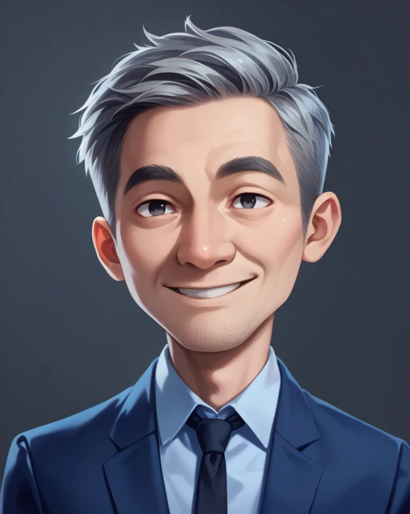 3d cartoon style, 20 years old man, short gray hair, little hair, in a dark blue suit and light blue shirt, no tie, smiling at t...