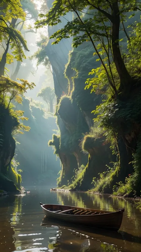 8k hd quality，photos of the lush deep canyon, river forest small wooden boat，the forest grows in the river，the mist and leaves a...