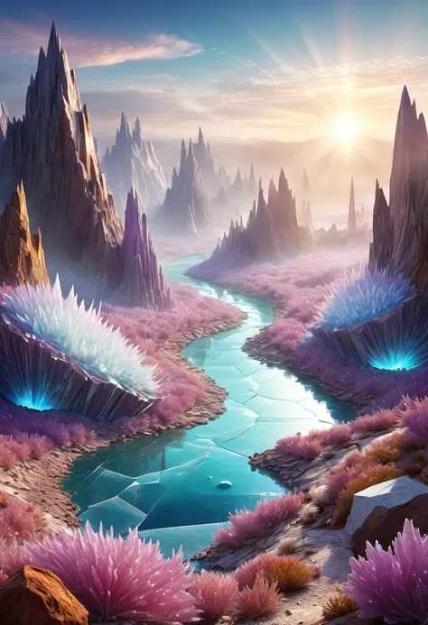 planet of crystals and gems, (((crystals and gems)), fantasy art alien planet, valley of crystals and salt deposits, a river wit...