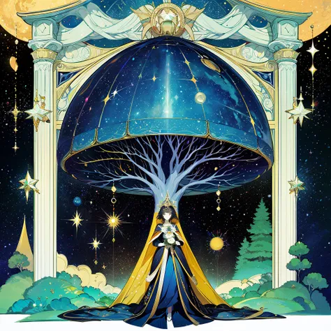 behold the resplendent cosmic tree, a magnificent portrayal of the tree of life, adorned with celestial galaxies and shimmering ...