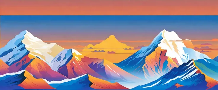 ((high resolution: 1.1))illustration of a snow mountain range in the vector, using simple shapes and a 2d flat, vector artwork f...