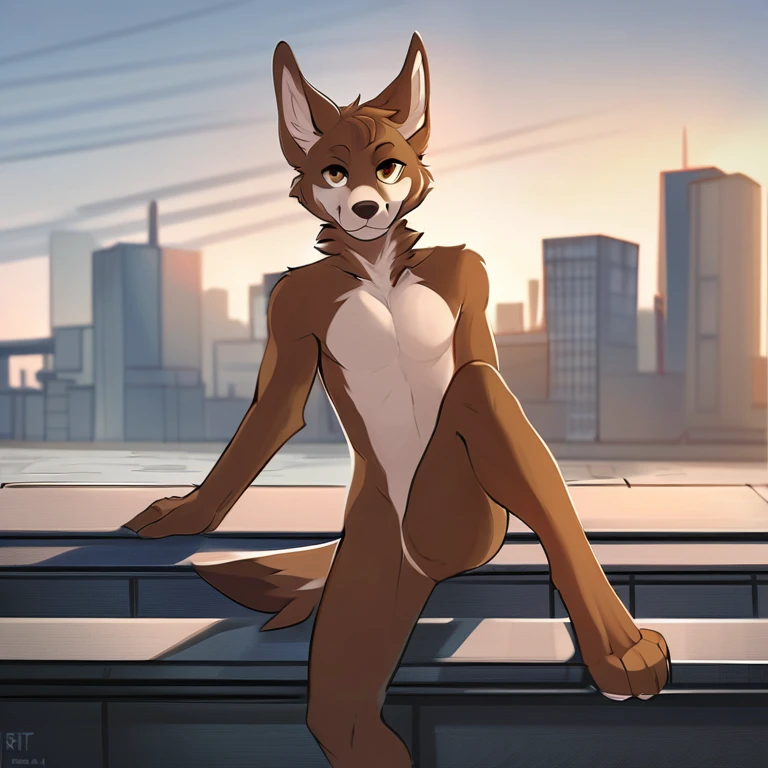 solo, male, furry art, fursona, ((canine)), (((brown primary fur))), white secondary, (perky ears), cool pose, city background, ...